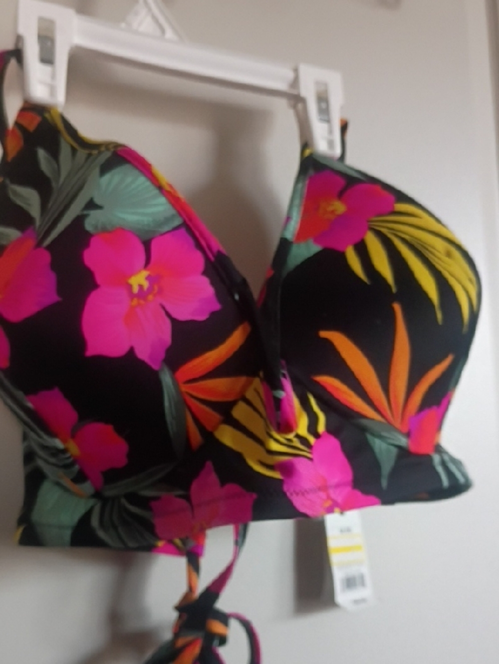 Tropical Floral Black Push-Up Bikini Top - Hot Pink & Orange